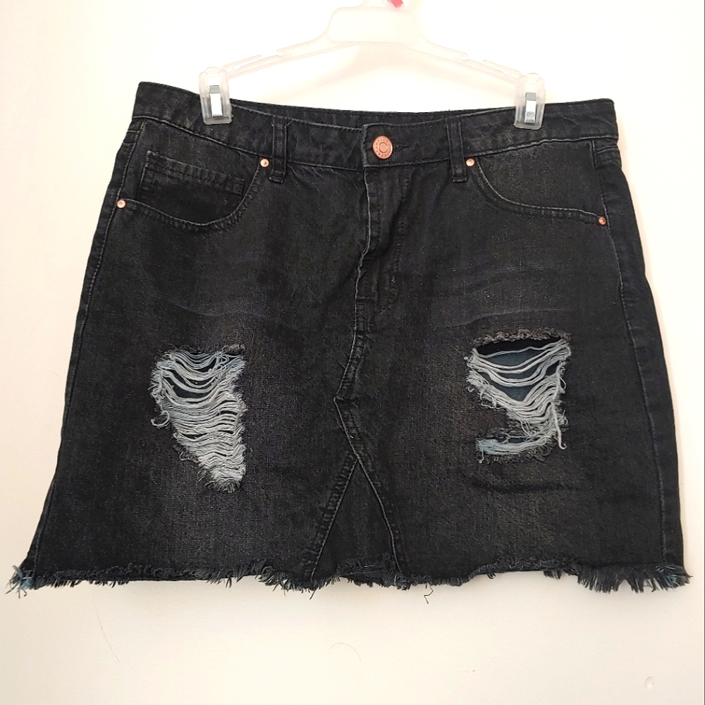 Charcoal gray distressed denim mini skirt